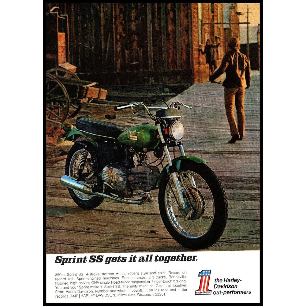1971 Harley Davidson Sprint SS Motorcycle Vintage Print Ad Boardwalk Wall Art